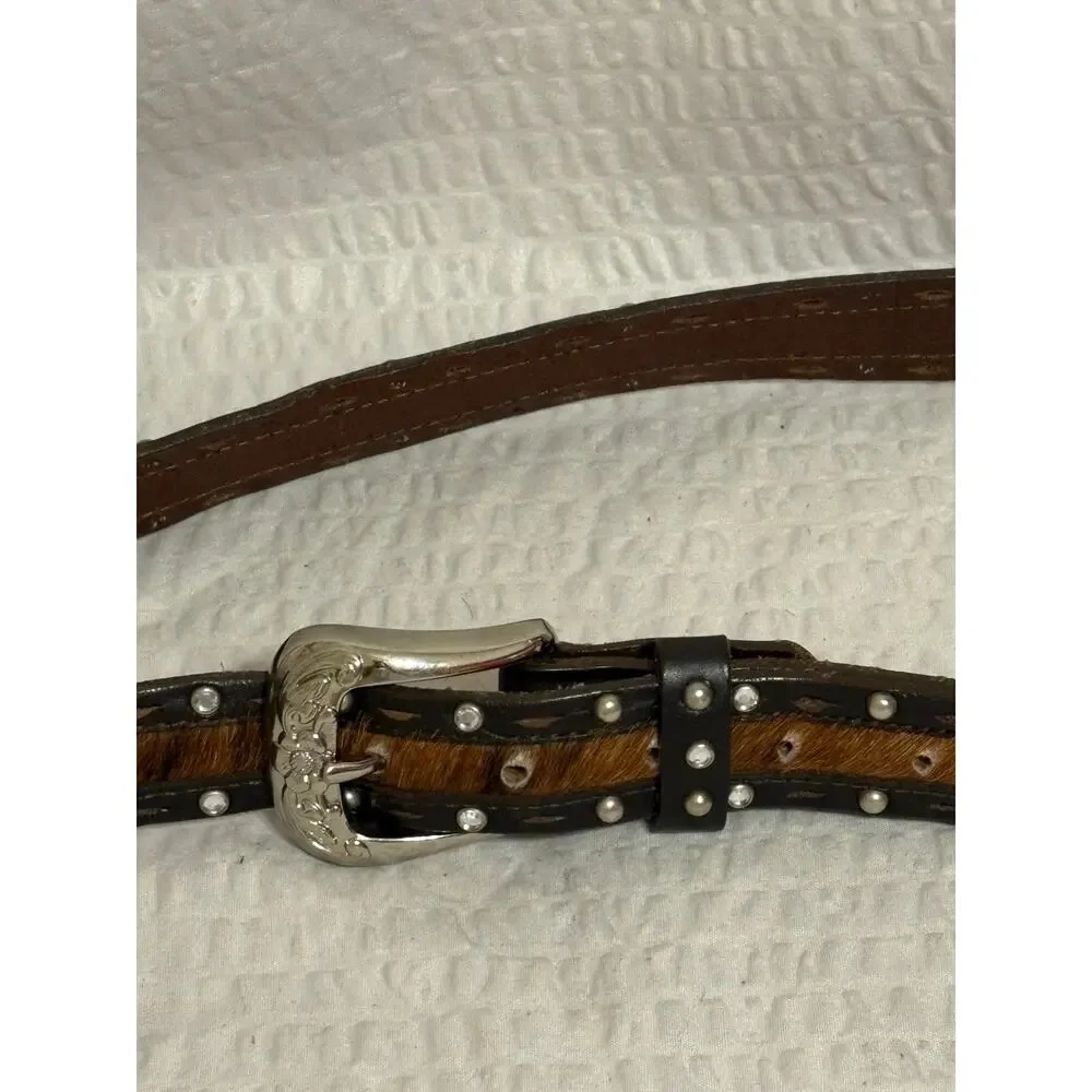 VTG Mexican Made XL Brown Hair on Hide Leather Belt With Studs and Rhinestones